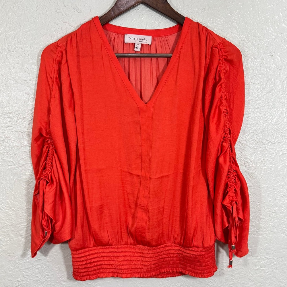 Philosophy Blouse Top Sm Satin Orange Ruched Tie Smocked Metal Beads Maximalist